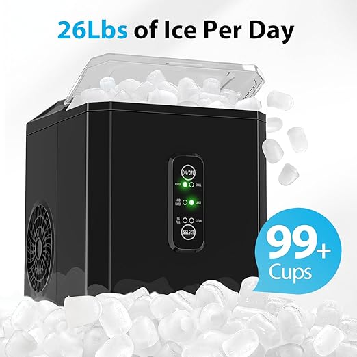 Aeitto Ice Makers Countertop, 9 Ice Cubes Release in 6 Mins, 26Lbs/24H, 2 Sizes of Bullet Ice Machine,Self-Cleaning Portable Ice Maker with Ice Scoop and Basket