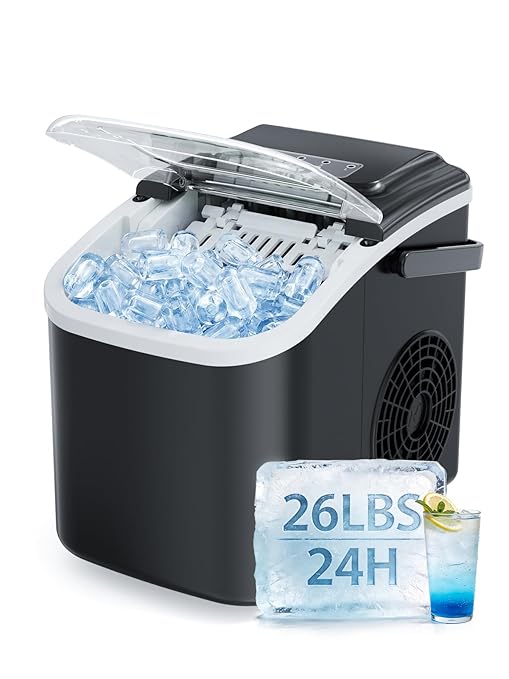 Countertop Ice Maker, 26lbs/24H Portable Ice Maker with Handle, 8 Ice Cubes Ready in 6 Mins, Self-Cleaning Ice Makers