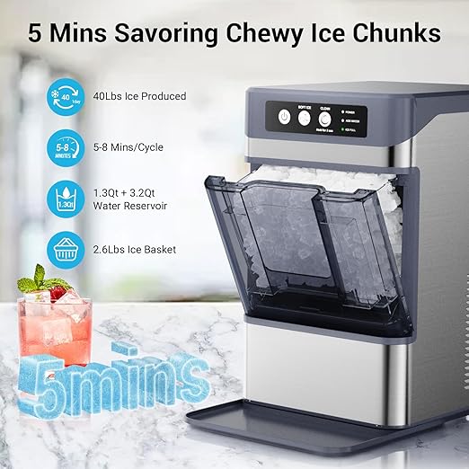 Countertop Nugget Ice Maker with Water Tank, 40 lbs/24H, 5-8min Ready, Self-Cleaning, Chewable Pellet Ice, Stainless Steel Counter Table Ice Machine
