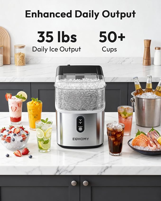 EUHOMY Nugget Ice Maker Countertop, Ready in 7 Mins, 35Lbs/24H Pebble Ice Maker Machine