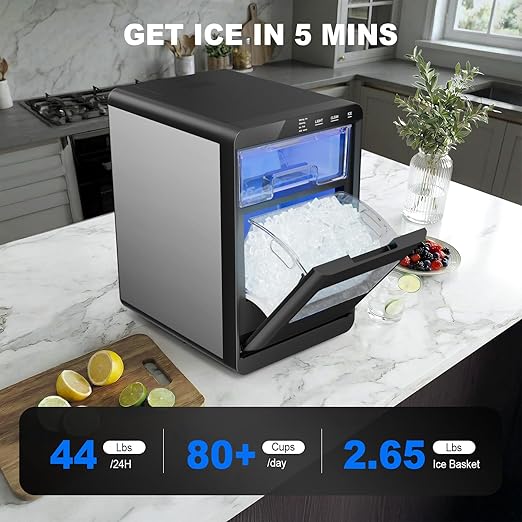 Nugget Ice Maker Countertop, 44lbs/24h Nugget Ice Machine, Soft Ice Ready in 5-10Mins Pellet Ice Maker, Self-Cleaning Sonic Ice Maker