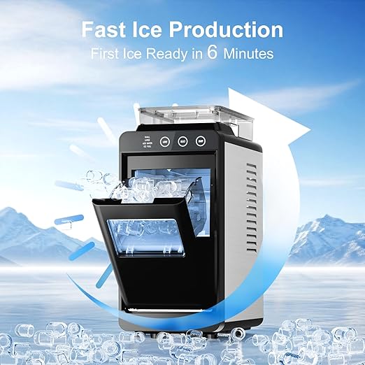 Kismile Countertop Ice Maker with 1.2L Top Water Tank, 8 Bullet Cubes in 6 Mins, 26.5lbs in 24Hrs, 2 Ice Sizes, Self-Cleaning Portable Ice Maker with Basket and Scoop, for Home