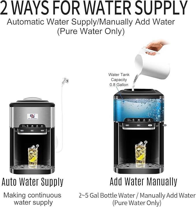 NUNET 3 - in - 1 Ice Maker, Water Dispenser & Water Cooler - Water Line Fill w/ 10ft Hose (1/2" & 1/4" Connector) - Hot/Cold Water - 44 lbs Ice Daily, 4lb Ice Storage