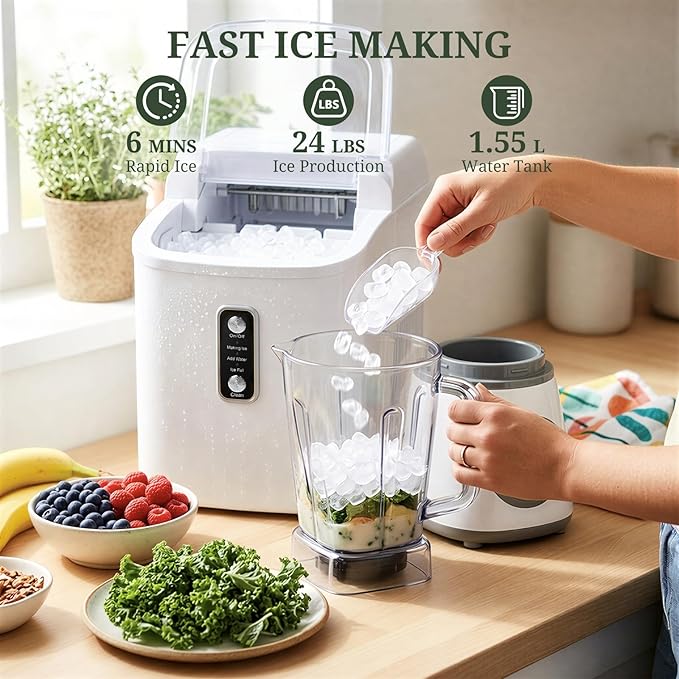 Nugget Ice Maker Countertop, 6-Min Fast Chewable Pellet Ice, 24lbs/24H Portable Ice Machine with Self-Cleaning, Ice Full & Low Water Indicator, Basket & Scoop for Home
