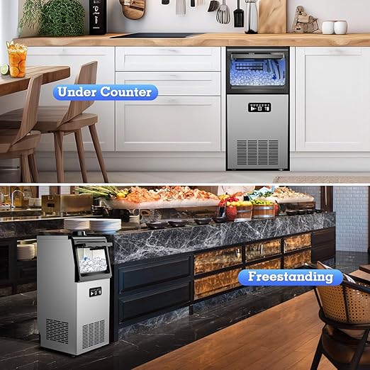 Commercial Ice Maker 100LBS/24H, Dual Water Inlet, Under Counter Ice Maker with 20LBS Storage Capacity, 40 Cubes, Stainless Steel Ice Machine, for School, Home, Restaurant, Bar, RV
