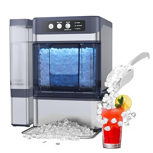 Countertop Nugget Ice Maker with Water Tank, 40 lbs/24H, 5-8min Ready, Self-Cleaning, Chewable Pellet Ice, Stainless Steel Counter Table Ice Machine