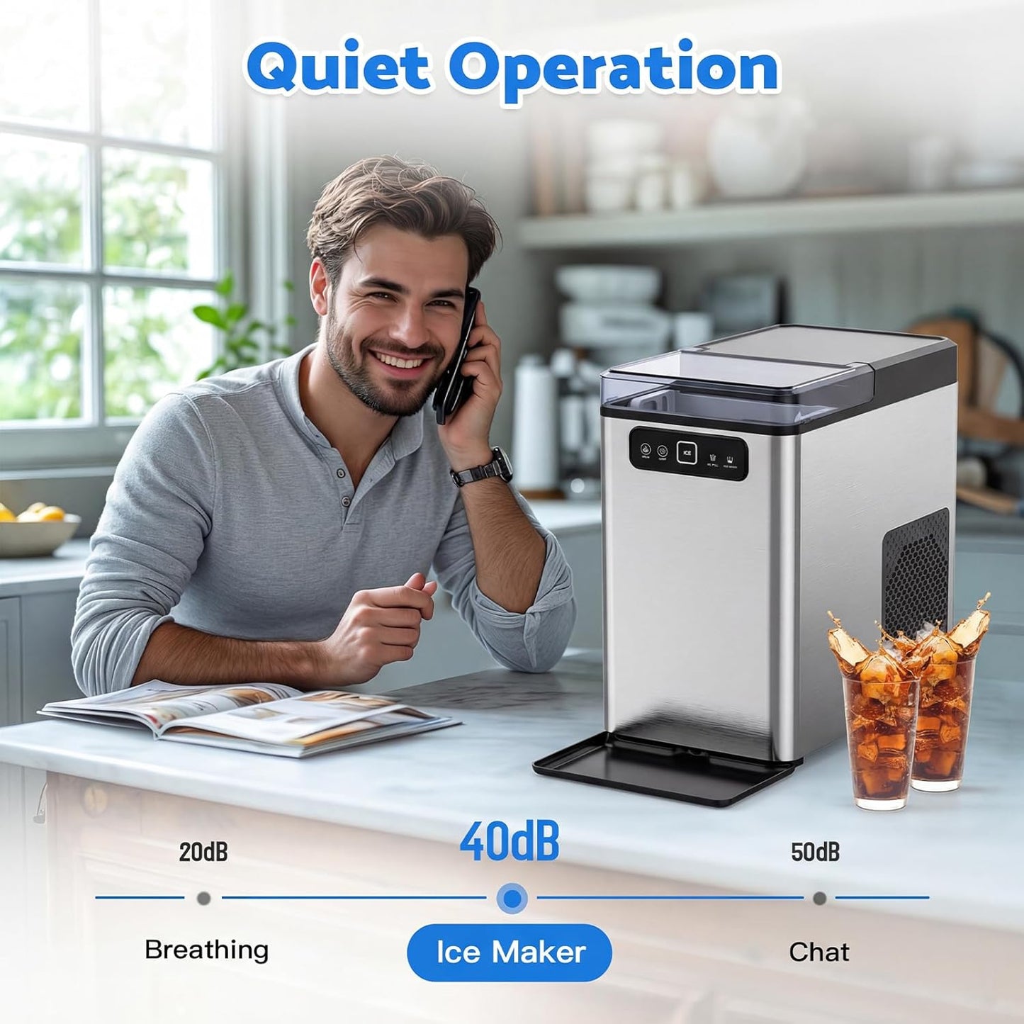 Nugget Ice Maker Countertop,Pellet Ice Machine Chewable Ice 40Lbs/Day,Ready in 5 Mins, Self-Cleaning,Compact Crushed Ice Maker
