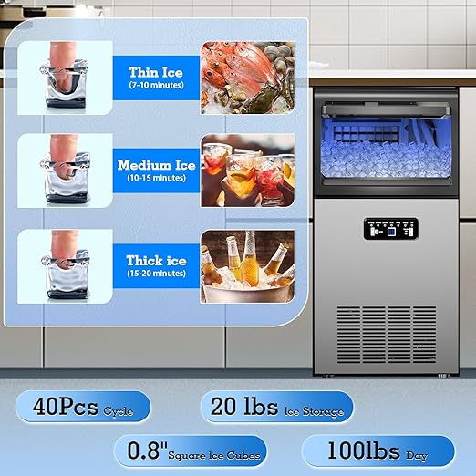 Commercial Ice Maker 100LBS/24H, Dual Water Inlet, Under Counter Ice Maker with 20LBS Storage Capacity, 40 Cubes, Stainless Steel Ice Machine, for School, Home, Restaurant, Bar, RV