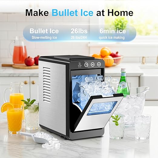 Kismile Ice Maker Countertop, 26Lbs/24H Ice Maker with 2 Sizes Bullet Ice, Interior Light, Self-Cleaning, Fast 8 Cubes in 6 Mins, Compact Ice Maker