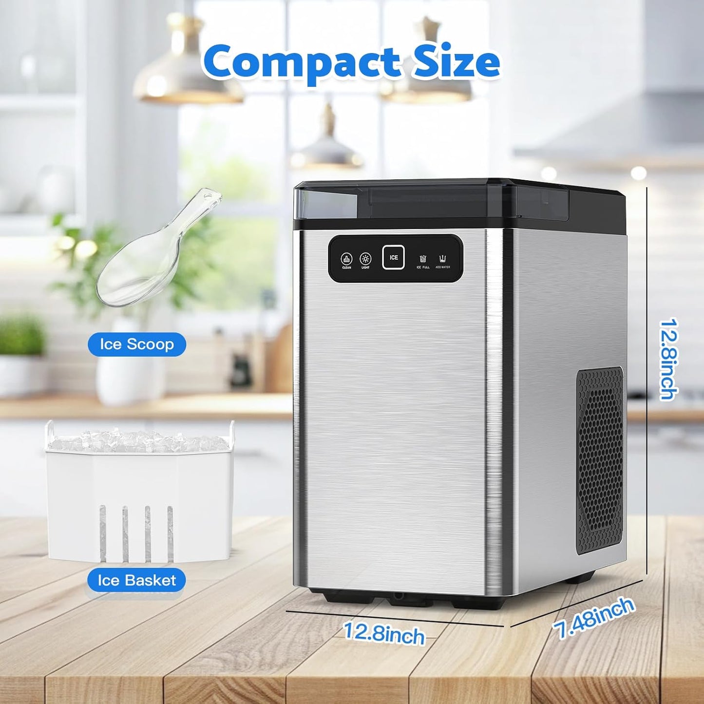Nugget Ice Maker Countertop,Pellet Ice Machine Chewable Ice 40Lbs/Day,Ready in 5 Mins, Self-Cleaning,Compact Crushed Ice Maker