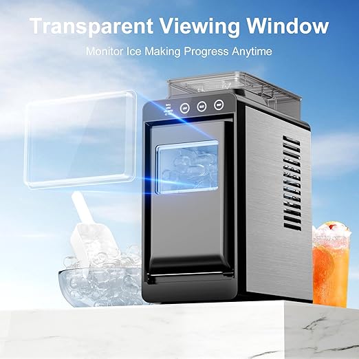 Kismile Countertop Ice Maker with 1.2L Top Water Tank, 8 Bullet Cubes in 6 Mins, 26.5lbs in 24Hrs, 2 Ice Sizes, Self-Cleaning Portable Ice Maker with Basket and Scoop, for Home