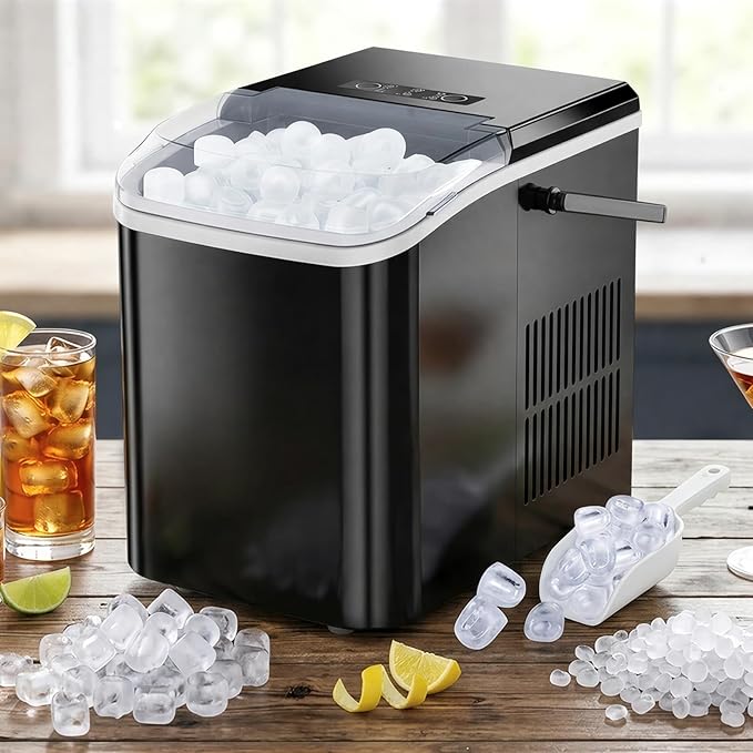 Portable Ice Makers Countertop with Handle, Basket & Scoop, 26Lbs/24Hrs, 9 Bullet Ice Cubes in 6 Mins, 2 Ice Sizes, Self-Cleaning, Quiet Compact Ice Machine