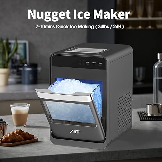 IKT Self Cleaning Countertop Nugget Ice Maker Machine with Ice Scoop 33lbs Daily Capacity Pellet Ice Maker Machine Black