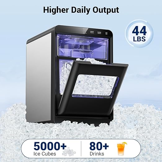 Nugget Ice Maker, 44lbs/24h Ice Makers Countertop, Self-Cleaning Pellet Ice Maker with LCD Display, 5-15 Minute Fast Ice Making, Chewable Ice Maker