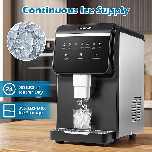 COSTWAY Self Dispensing Nugget Ice Maker Countertop, 80Lbs/24H Soft Chewable Pellet Ice, 7.5LBS Ice Storage Capacity, Automatic Cleaning Function, Portable Ice Machine
