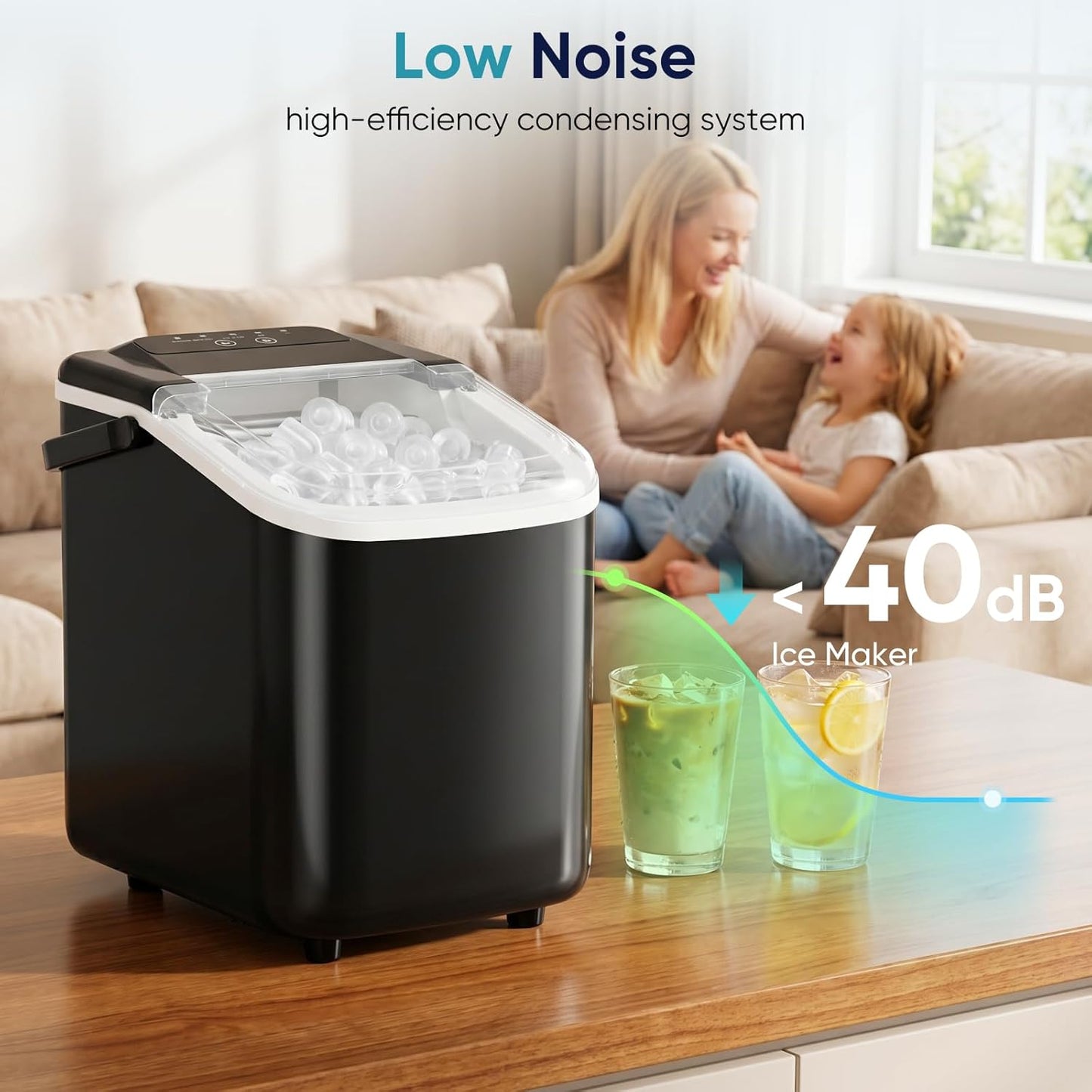 DUMOS Ice Maker Countertop, Ice Machine with Portable Handle, Basket and Scoop, 26lbs Daily, 9 Bullet Cubes in 6~8 Mins,