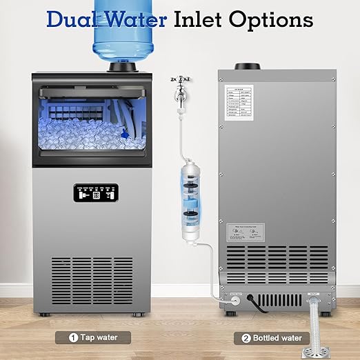 Commercial Ice Maker 100LBS/24H, Dual Water Inlet, Under Counter Ice Maker with 20LBS Storage Capacity, 40 Cubes, Stainless Steel Ice Machine, for School, Home, Restaurant, Bar, RV