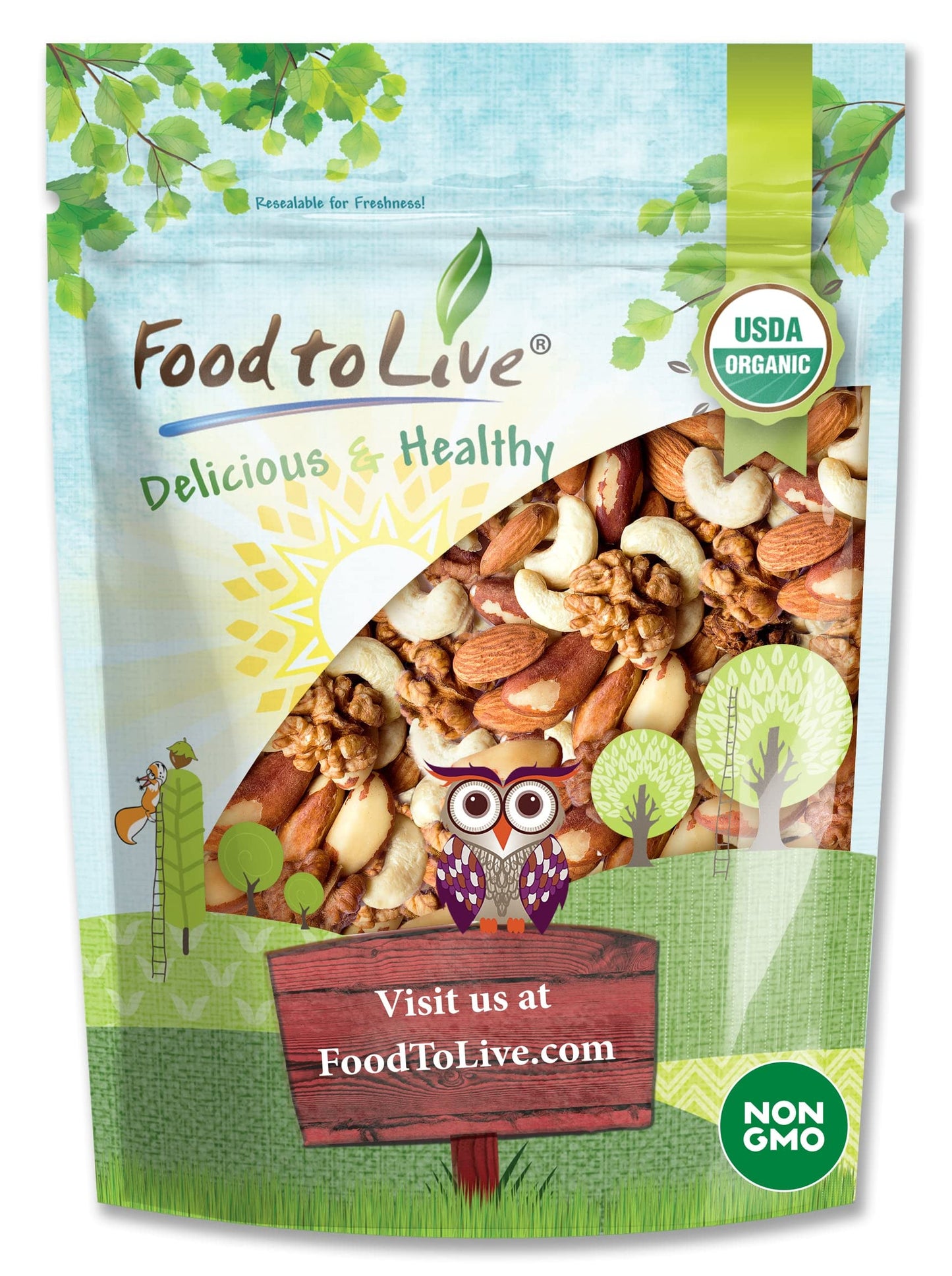 Food to Live Organic Mixed Raw Nuts, 2 Pounds – Cashews, Brazil Nuts, Walnuts, Almonds, Non-GMO, Kosher, Vegan, Unsalted, Bulk