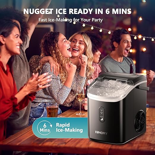 EUHOMY Nugget Ice Maker Countertop with Handle, Ready in 6 Mins, 34lbs Per Day, Removable Top Cover, Auto-Cleaning