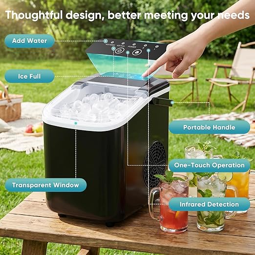 DUMOS Ice Maker Countertop, Ice Machine with Portable Handle, Basket and Scoop, 26lbs Daily, 9 Bullet Cubes in 6~8 Mins,