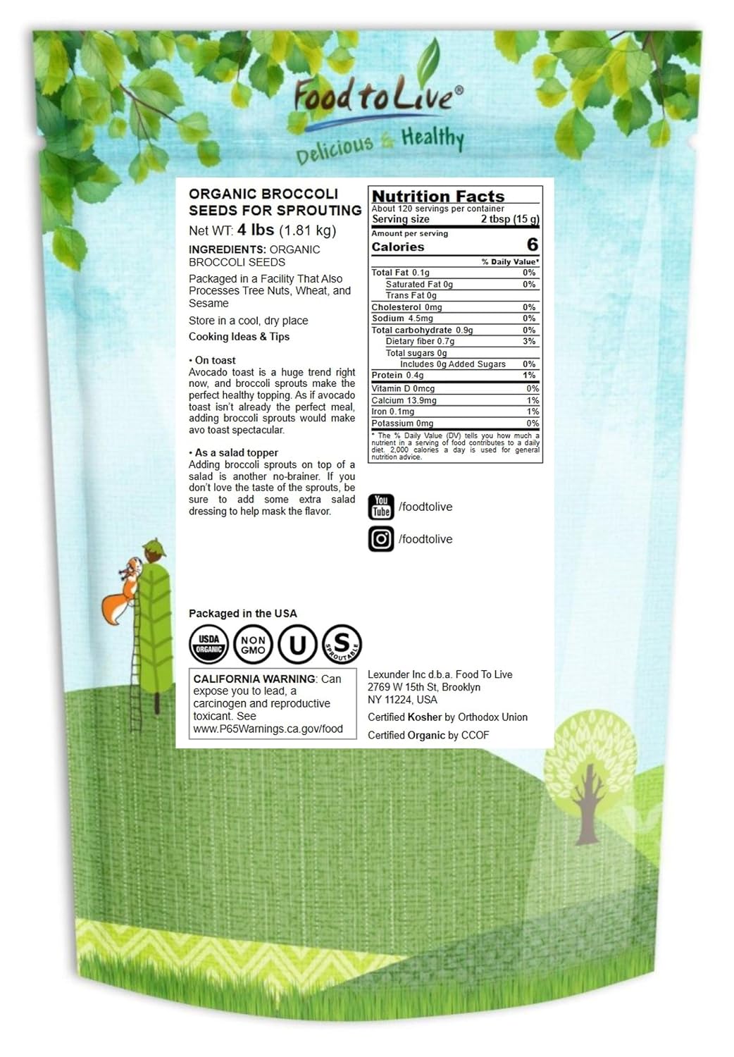 Food to Live Organic Broccoli Seeds for Sprouting, 4 Pounds – Non-GMO, Vegan, Kosher, Sirtfood, Bulk. Rich in Sulforaphane, Vitamin C. Grow Sprouts, Microgreens for Salads, and Sandwiches