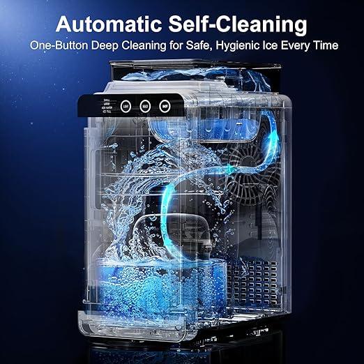 Kismile Countertop Ice Maker with 1.2L Top Water Tank, 8 Bullet Cubes in 6 Mins, 26.5lbs in 24Hrs, 2 Ice Sizes, Self-Cleaning Portable Ice Maker with Basket and Scoop, for Home