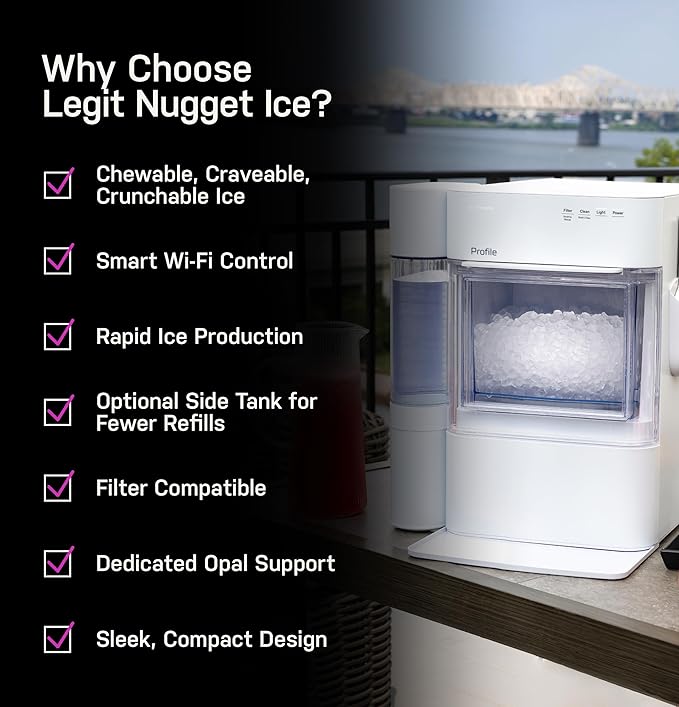 GE Profile Opal 2.0 Ultra Nugget Ice Maker with .75 Gallon Side Tank and Scale Inhibiting Filter, Scoop Included, 38 lbs in 24 Hours, Pellet Ice Machine with WiFi & Smart Connected, Stainless Steel