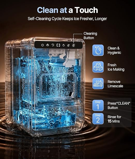 Clear Ice Cube Maker, 8 Crystal 1.2" Large Cubes in 20 Mins, Slow-Melting for Whiskey, 24H Timer, Self-Cleaning & Adjustable Thickness for Home Bar, Kitchen, Party