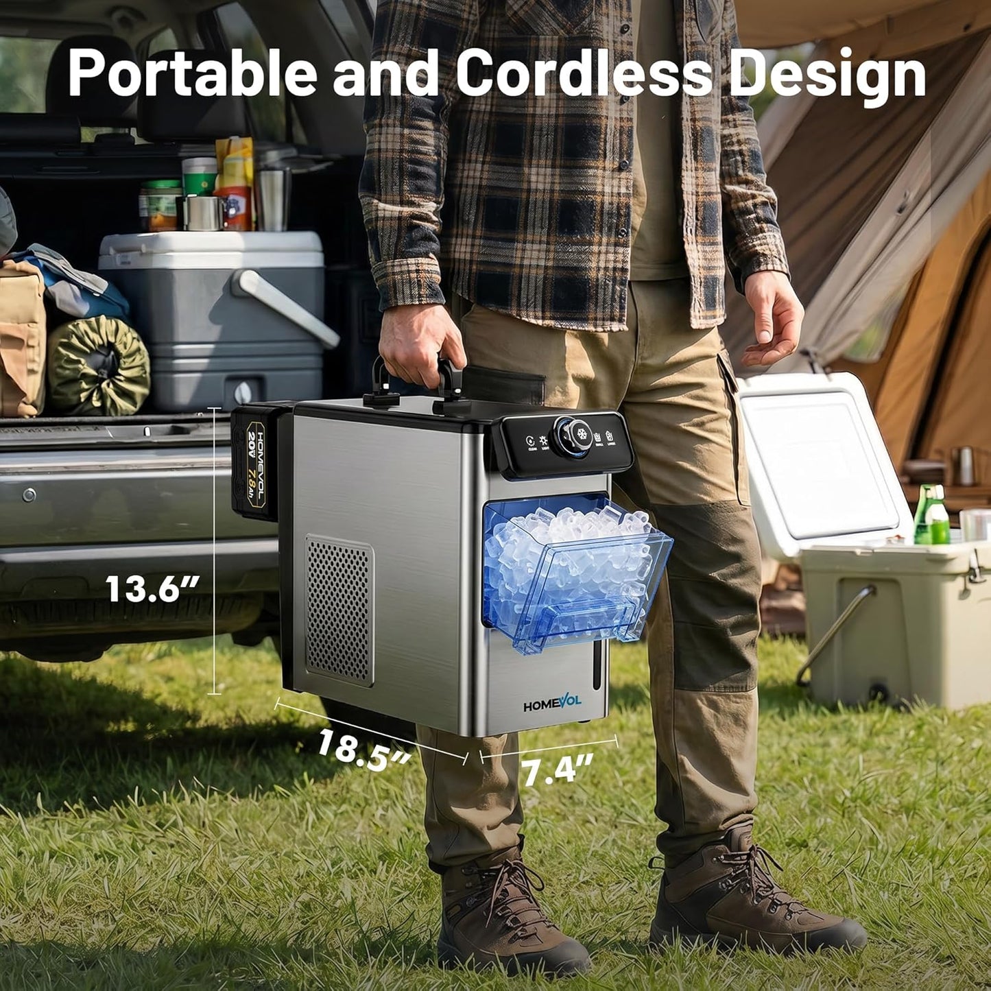 Cordless Rechargeable Battery Powered Ice Maker, 30Lbs/24H Portable Countertop Ice Machine with 2 × 20V Max 7.8Ah Battery and Charger, Self-Cleaning, 5.5H Max Runtime, Stainless Steel