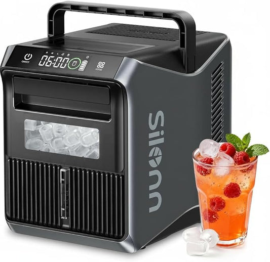 Silonn Battery-Powered Ice Maker with 4-Power, RV Ice Maker Countertop 12V/24V Car Charger 100-240V AC Solar-Ready, Portable Ice Machine