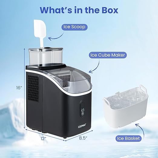 COSTWAY Countertop Ice Cube Maker with External Water Tank, 16Pcs Ready in 6 Mins, 34Lbs/24H Portable Ice Machine with 13 Thickness Levels, Self-Cleaning