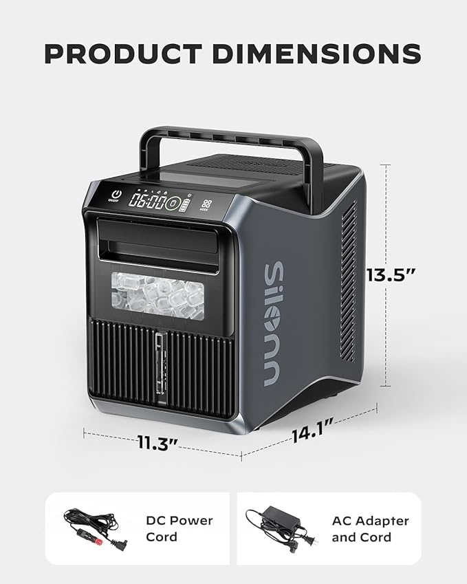 Silonn Battery-Powered Ice Maker with 4-Power, RV Ice Maker Countertop 12V/24V Car Charger 100-240V AC Solar-Ready, Portable Ice Machine