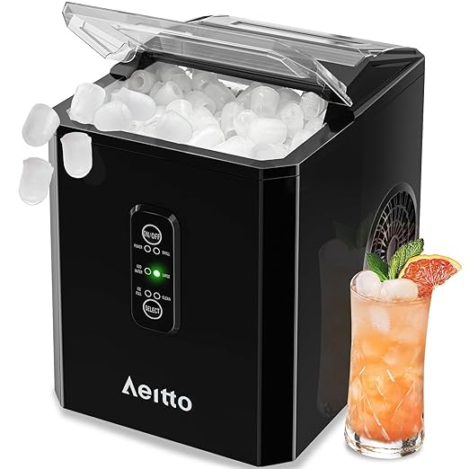 Aeitto Ice Makers Countertop, 9 Ice Cubes Release in 6 Mins, 26Lbs/24H, 2 Sizes of Bullet Ice Machine,Self-Cleaning Portable Ice Maker with Ice Scoop and Basket