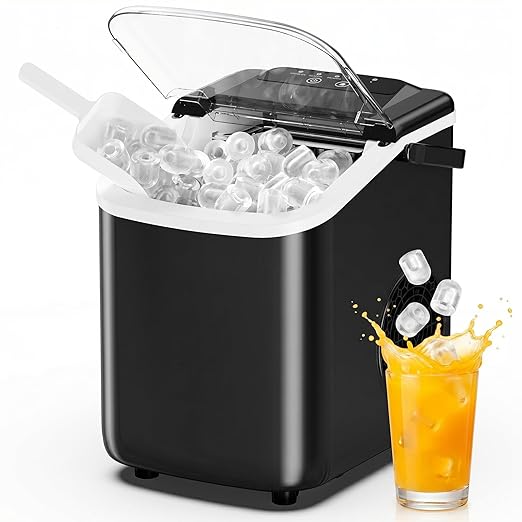 DUMOS Ice Maker Countertop, Ice Machine with Portable Handle, Basket and Scoop, 26lbs Daily, 9 Bullet Cubes in 6~8 Mins,