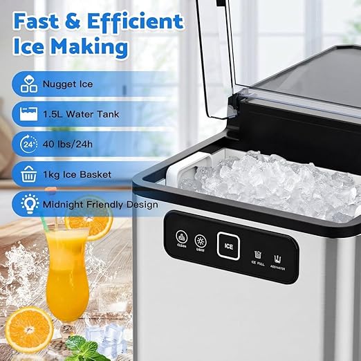 Nugget Ice Maker Countertop,Pellet Ice Machine Chewable Ice 40Lbs/Day,Ready in 5 Mins, Self-Cleaning,Compact Crushed Ice Maker