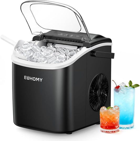 EUHOMY Countertop Ice Maker Machine with Handle, 26lbs in 24Hrs, 9 Ice Cubes Ready in 6 Mins