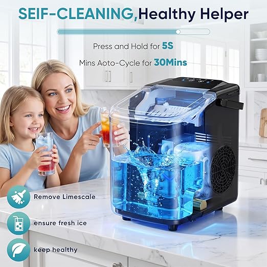 DUMOS Ice Maker Countertop, Ice Machine with Portable Handle, Basket and Scoop, 26lbs Daily, 9 Bullet Cubes in 6~8 Mins,