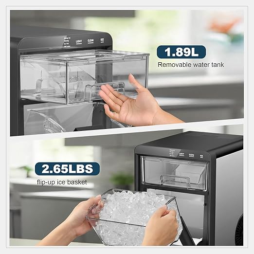 Nugget Ice Maker Countertop, 44lbs/24h Nugget Ice Machine, Soft Ice Ready in 5-10Mins Pellet Ice Maker, Self-Cleaning Sonic Ice Maker