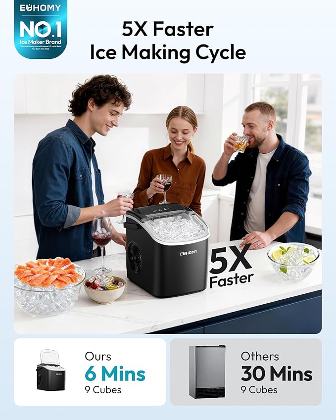 EUHOMY Countertop Ice Maker Machine with Handle, 26lbs in 24Hrs, 9 Ice Cubes Ready in 6 Mins