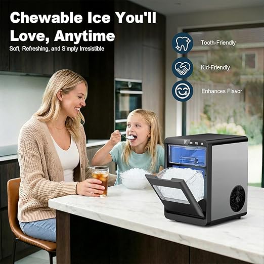 Nugget Ice Maker Countertop, 44lbs/24h Nugget Ice Machine, Soft Ice Ready in 5-10Mins Pellet Ice Maker, Self-Cleaning Sonic Ice Maker