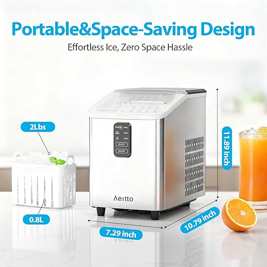 Aeitto Ice Maker Countertop 26lbs/24H, Ice Machine 8 Ice Cubes Ready in 6 Mins, 2 Sizes of Bullet Ice Portable Ice Makers