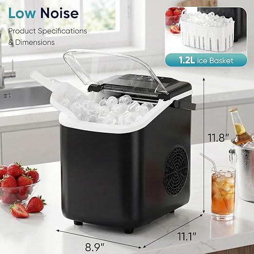 DUMOS Ice Maker Countertop, Ice Machine with Portable Handle, Basket and Scoop, 26lbs Daily, 9 Bullet Cubes in 6~8 Mins,