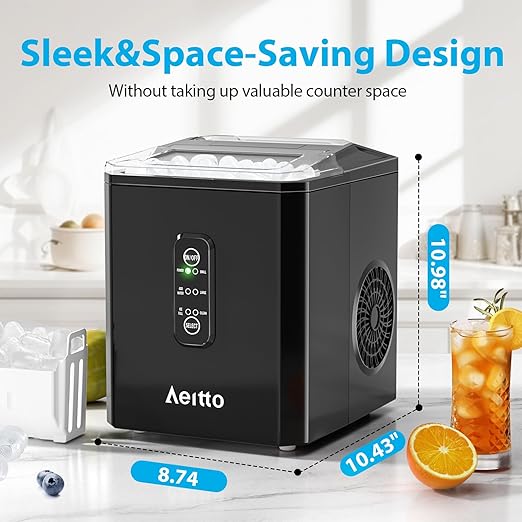 Aeitto Ice Makers Countertop, 9 Ice Cubes Release in 6 Mins, 26Lbs/24H, 2 Sizes of Bullet Ice Machine,Self-Cleaning Portable Ice Maker with Ice Scoop and Basket