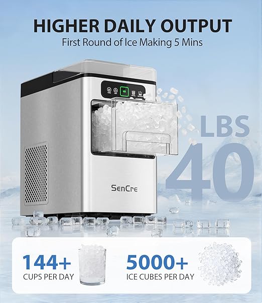 Nugget Ice Maker 40lbs/Day, Countertop Ice Maker Soft Chewable Ice, Ice Makers One-Click & Self-Cleaning, Crushed Pellet Ice Machine