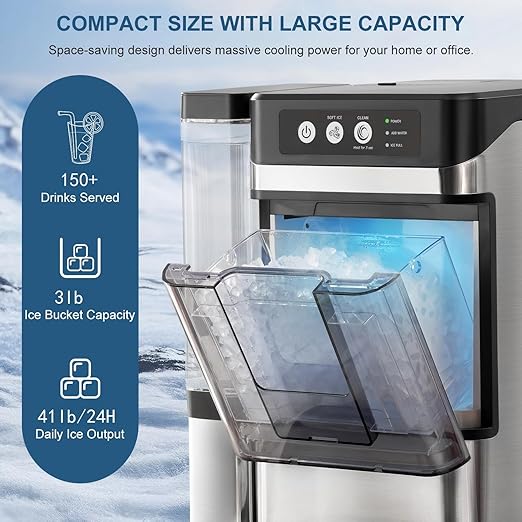 Cavevine Nugget ice Maker countertop with Side Tank, Chewable Nugget Ice Maker, Self-Cleaning & Quiet, Compact Ice Maker