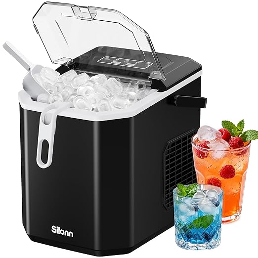 Silonn Ice Maker Countertop, Portable Ice Machine with Carry Handle, Self-Cleaning Ice Makers with Basket and Scoop