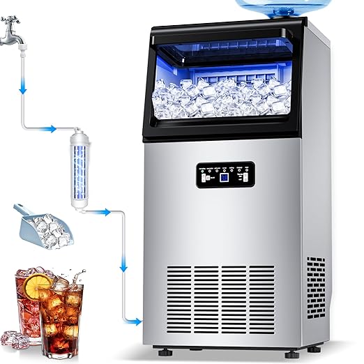 Commercial Ice Maker 100LBS/24H, Dual Water Inlet, Under Counter Ice Maker with 20LBS Storage Capacity, 40 Cubes, Stainless Steel Ice Machine, for School, Home, Restaurant, Bar, RV