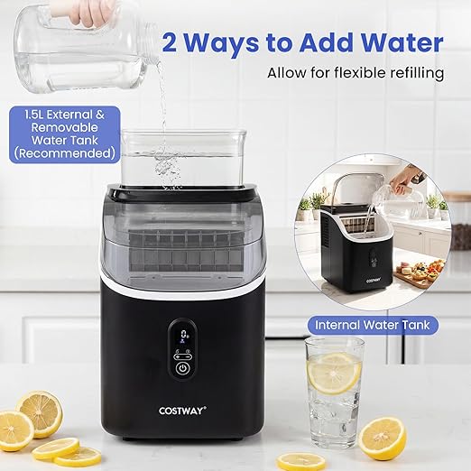 COSTWAY Countertop Ice Cube Maker with External Water Tank, 16Pcs Ready in 6 Mins, 34Lbs/24H Portable Ice Machine with 13 Thickness Levels, Self-Cleaning