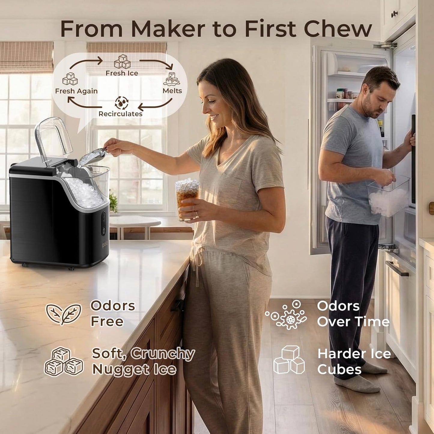 Nugget Ice Maker Countertop: 33lb/Day, Self-Cleaning, Black Stainless Steel, Portable, Soft Chewable Pebble Ice Machine