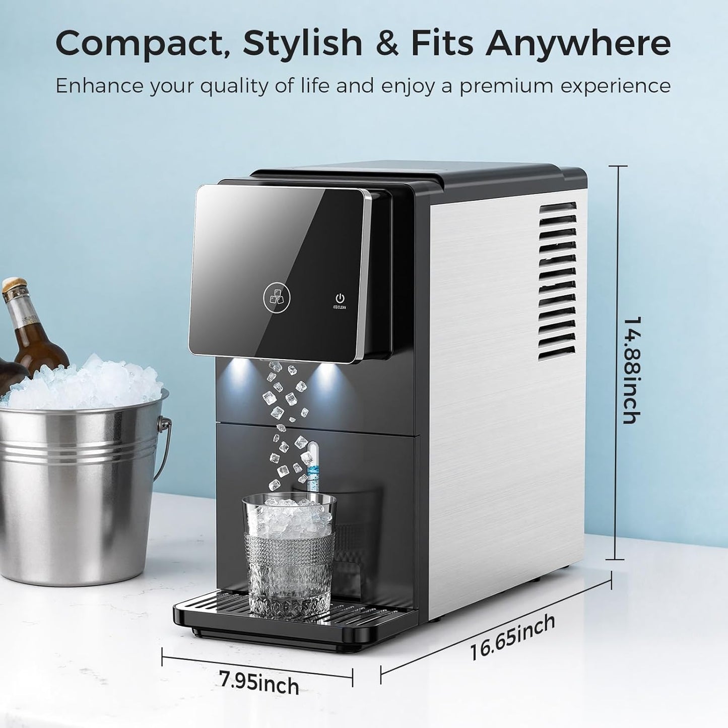 Nugget Countertop Ice Maker, 33 lbs/Day Chewable Pellet Ice Machine with Self-Cleaning, Auto Lighting & Measured Dispensing, Portable Pebble Ice Maker